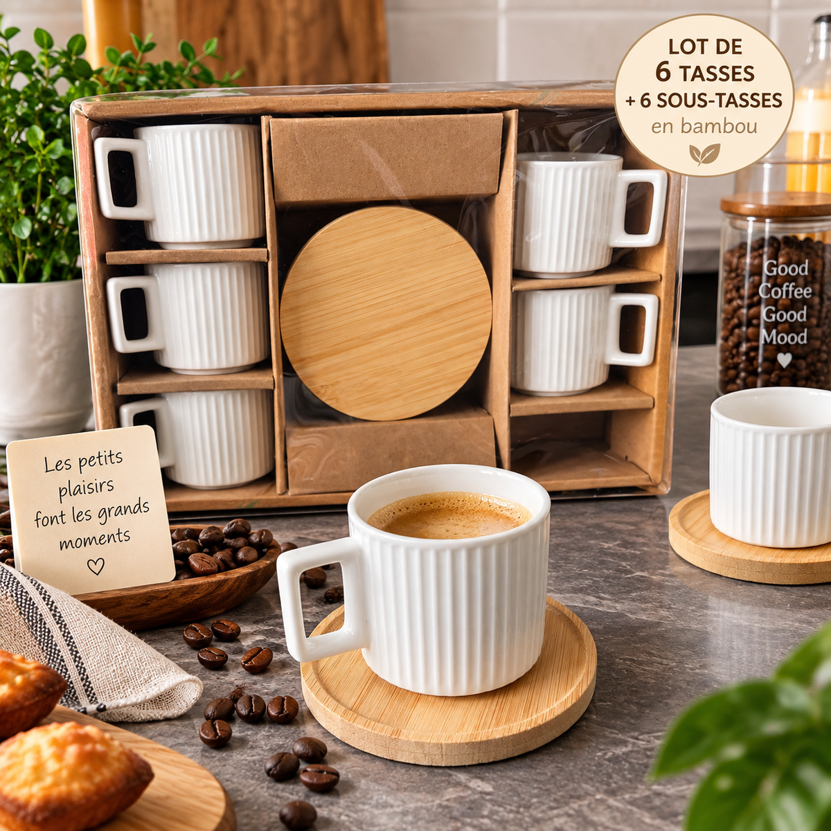 6 tasses à café & sous-tasses en bambou