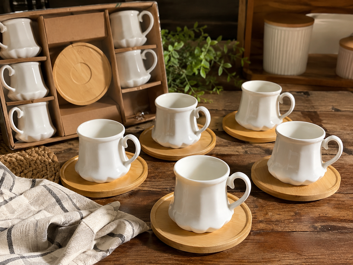 6 tasses à café & sous-tasses en bambou